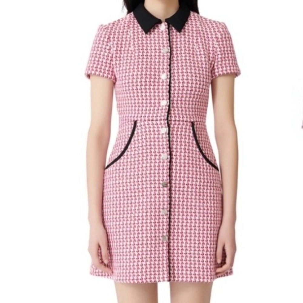 Maje Pink and Black Tweed Mini Dress 42